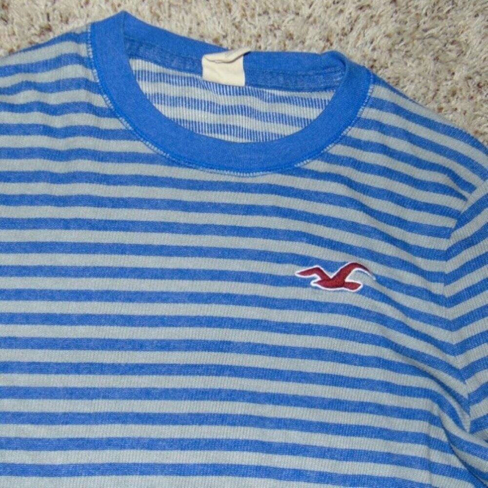 Boys Hollister Shirt Large Blue Gray Striped Long Sleeve Crewneck Tee - Picture 2 of 3